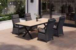 Sale Luminara Garten-Essgruppe mit LED-Beleuchtung, anthrazit/natur, Aluminium/Polyrattan/Holzimitat, Tisch 240 x 100 cm, 4 Sessel Garten-Essgruppen
