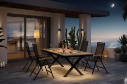 New Luminara Garten-Essgruppe mit LED-Beleuchtung, anthrazit matt/natur, Aluminium/Textilen/Holzimitat, 240 x 100 cm, 4 Klappstühle Garten-Essgruppen