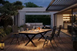 New Luminara Garten-Essgruppe mit LED-Beleuchtung, anthrazit matt/natur, Aluminium/Textilen/Holzimitat, 240 x 100 cm, 4 Klappstühle Garten-Essgruppen