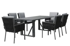 Mermaid Garten-Essgruppe, anthrazit, Alu/Rope, 6 Personen, inkl. Sitz- und Rückenkissen, Tisch 200x90 cm Polyrattan-Gartenmöbel|Garten-Essgruppen