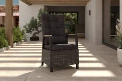 Online Nova Diningsessel, anthrazit/grau, Alu/Polyrattan, 58 x 68 x 108 cm, verstellbare Rückenlehne, mit Teakholz-Armlehnen, FSC®-zertifiziertes Produkt Aluminium-Gartenmöbel|Gartenstühle & Gartensessel