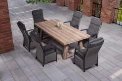 Discount Nova Garten-Essgruppe mit 6 Sesseln, anthrazit/grau/natur, Alu/Polyrattan/Teakholz, 220 x 110 cm Tisch, verstellbare Rückenlehne Polyrattan-Gartenmöbel|Garten-Essgruppen