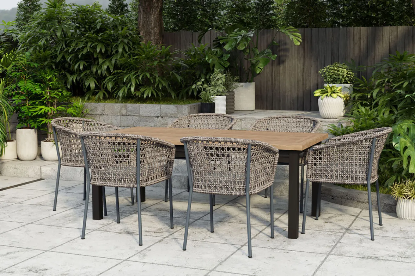 Hot Oxford/Zui Garten-Essgruppe, anthrazit/hellgrau, Edelstahl/recycled Teak/Rope, 200/260 x 100 cm, 6x Sessel, inkl. Polster Garten-Essgruppen|Edelstahl-Gartenmöbel