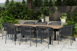 Clearance Oxford/Zui Garten-Essgruppe, anthrazit/dunkelgrau, Edelstahl/recycled Teak/Rope, 200/260 x 100 cm, 8x Sessel, inkl. Polster Garten-Essgruppen