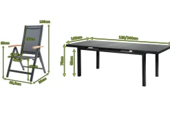 Hot Premium Garten-Essgruppe, ® anthrazit matt, Alu / Glas / Teak, Tisch 180/240x100cm, 8 Klappstühle Garten-Essgruppen