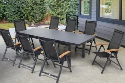 Hot Premium Garten-Essgruppe, ® anthrazit matt, Alu / Glas / Teak, Tisch 180/240x100cm, 8 Klappstühle Garten-Essgruppen