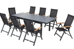 Hot Premium Garten-Essgruppe, ® anthrazit matt, Alu / Glas / Teak, Tisch 180/240x100cm, 8 Klappstühle Garten-Essgruppen