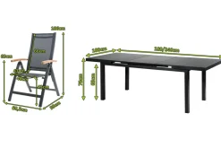 Hot Premium Garten-Essgruppe, ® anthrazit matt, Alu / Glas / Teak, Tisch 180/240x100cm, 8 Klappstühle Garten-Essgruppen