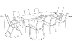Hot Premium Garten-Essgruppe, silber/grau, Alu/Textilene, Ausziehtisch 180/240 x 100 cm, 6 Stapel-, 2 Klappstühle Garten-Essgruppen
