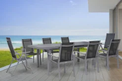 Hot Premium Garten-Essgruppe, silber/grau, Alu/Textilene, Ausziehtisch 180/240 x 100 cm, 6 Stapel-, 2 Klappstühle Garten-Essgruppen