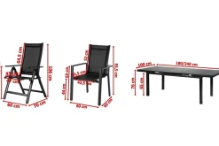 Online Premium Garten-Essgruppe, ® anthrazit matt, Alu/Textilene, Tisch 180/240x100cm, 4 Stapel-, 2 Klappstühle Garten-Essgruppen
