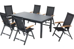 Clearance Premium Garten-Essgruppe, ® anthrazit matt, Alu / Glas / Teak, Tisch 180/240x100cm, 6 Klappstühle Garten-Essgruppen|Aluminium-Gartenmöbel