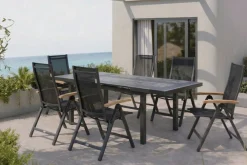 Clearance Premium Garten-Essgruppe, ® anthrazit matt, Alu / Glas / Teak, Tisch 180/240x100cm, 6 Klappstühle Garten-Essgruppen|Aluminium-Gartenmöbel