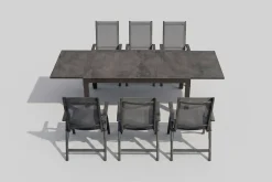 Sale Premium Garten-Essgruppe, anthrazit/grau, Alu / Spraystone / Textilene, Tisch 160/260 x 100 cm, 6 Klappstühle Garten-Essgruppen|Aluminium-Gartenmöbel