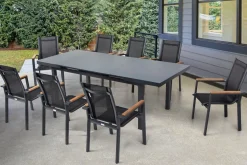 Premium Garten-Essgruppe, ® anthrazit matt, Alu / Glas / Teak, Tisch 180/240x100cm, 8 Stapelsessel Garten-Essgruppen|Aluminium-Gartenmöbel