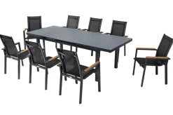 Premium Garten-Essgruppe, ® anthrazit matt, Alu / Glas / Teak, Tisch 180/240x100cm, 8 Stapelsessel Garten-Essgruppen|Aluminium-Gartenmöbel