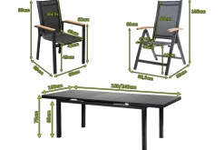 New Premium Garten-Essgruppe, ® anthrazit matt, Alu / Glas / Teak, Tisch 180/240 x 100cm, 6 Stapelsessel, 2 Klappstühle Garten-Essgruppen
