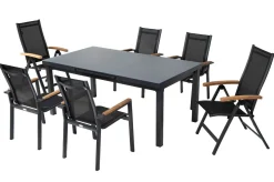 Premium Garten-Essgruppe, ® anthrazit matt, Alu / Glas / Teak, Tisch 180/240 x 100cm, 4 Stapelsessel, 2 Klappstühle Garten-Essgruppen