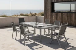 Hot Premium Garten-Essgruppe, silber/grau, Alu/Textilene, Ausziehtisch 180/240 x 100 cm, 4 Stapel-, 2 Klappstühle Garten-Essgruppen|Aluminium-Gartenmöbel