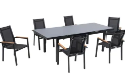 Outlet Premium Garten-Essgruppe, 6 Personen, ausziehbar, 180-240cm, Alu/Glas/Teak, Stapelsessel Garten-Essgruppen