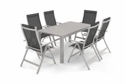 Hot Premium Garten-Essgruppe, silber/anthrazit, Alu/Textilene, Ausziehtisch 180/240 x 100 cm, 6 Klappstühle Garten-Essgruppen