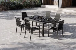 New Premium Garten-Essgruppe, anthrazit matt/schwarz, Alu/Spraystone/Textilene, Tisch 160/260 x 100 cm, ausziehbar, 6 Stapelsessel Garten-Essgruppen