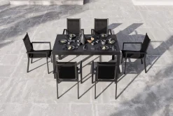 New Premium Garten-Essgruppe, anthrazit matt/schwarz, Alu/Spraystone/Textilene, Tisch 160/260 x 100 cm, ausziehbar, 6 Stapelsessel Garten-Essgruppen