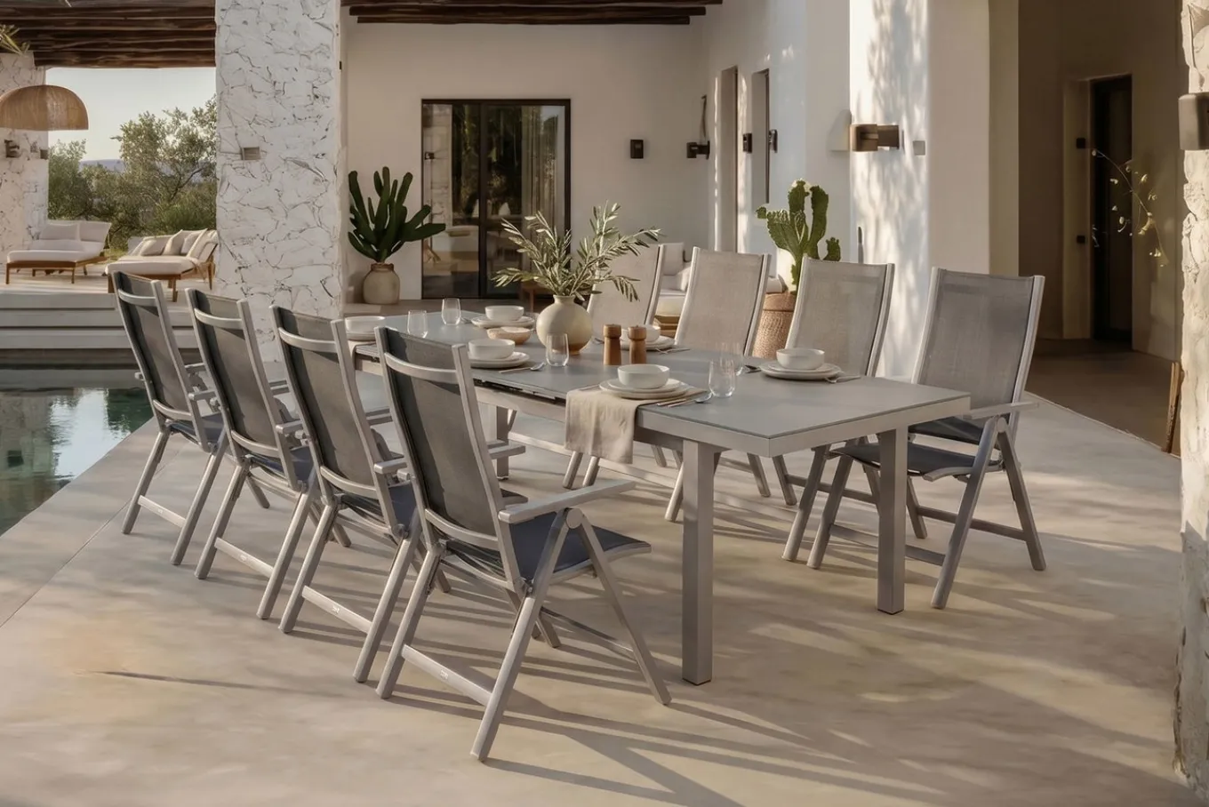 Best Premium Garten-Essgruppe, silber/grau, Alu/Textilene, Ausziehtisch 180/240 x 100 cm, 8 Klappstühle Garten-Essgruppen|Aluminium-Gartenmöbel