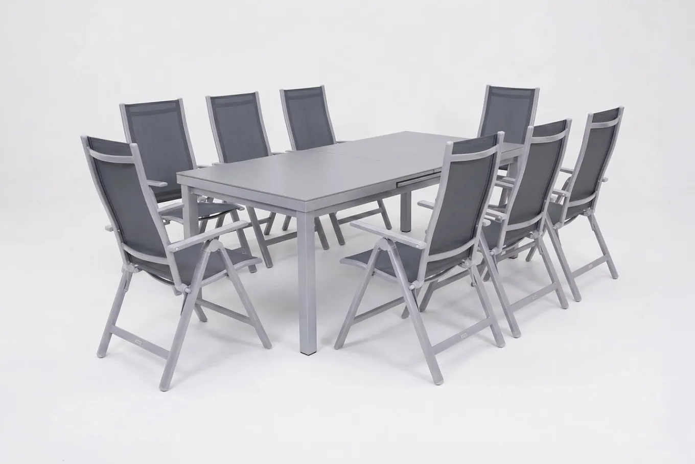 Best Premium Garten-Essgruppe, silber/grau, Alu/Textilene, Ausziehtisch 180/240 x 100 cm, 8 Klappstühle Garten-Essgruppen|Aluminium-Gartenmöbel