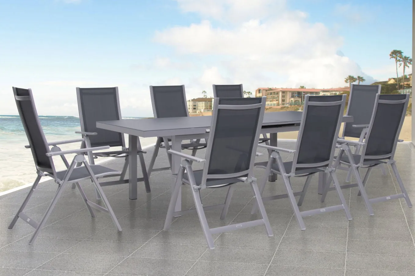 Best Premium Garten-Essgruppe, silber/grau, Alu/Textilene, Ausziehtisch 180/240 x 100 cm, 8 Klappstühle Garten-Essgruppen|Aluminium-Gartenmöbel