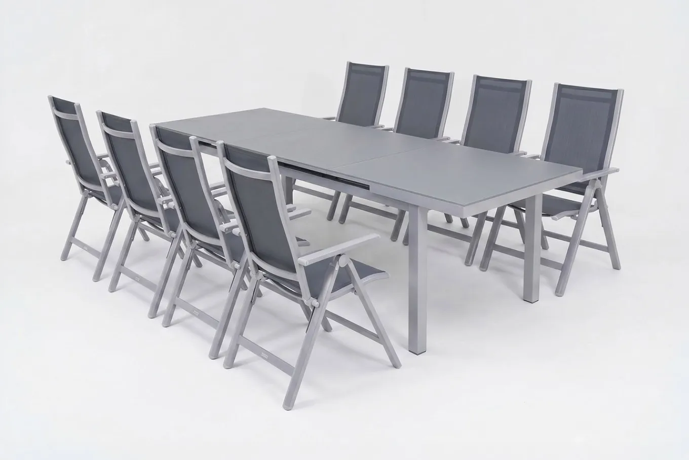 Best Premium Garten-Essgruppe, silber/grau, Alu/Textilene, Ausziehtisch 180/240 x 100 cm, 8 Klappstühle Garten-Essgruppen|Aluminium-Gartenmöbel