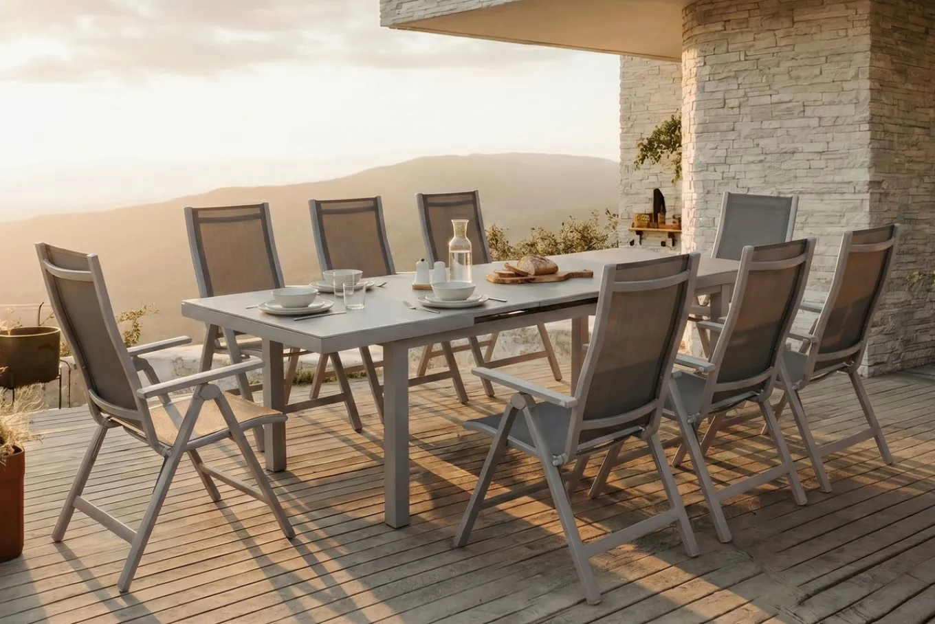 Best Premium Garten-Essgruppe, silber/grau, Alu/Textilene, Ausziehtisch 180/240 x 100 cm, 8 Klappstühle Garten-Essgruppen|Aluminium-Gartenmöbel