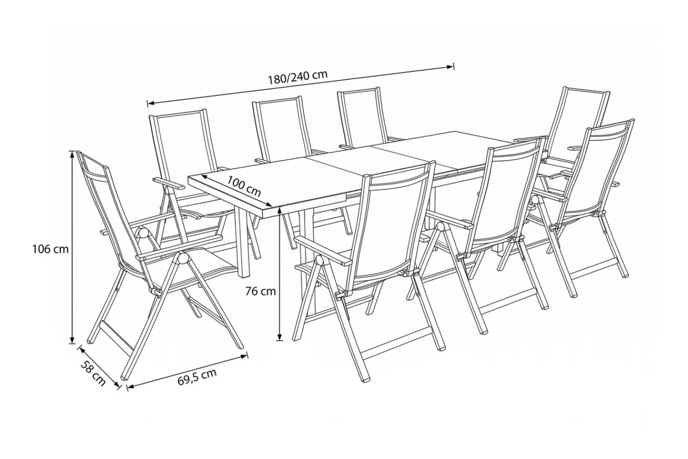 Best Premium Garten-Essgruppe, silber/grau, Alu/Textilene, Ausziehtisch 180/240 x 100 cm, 8 Klappstühle Garten-Essgruppen|Aluminium-Gartenmöbel