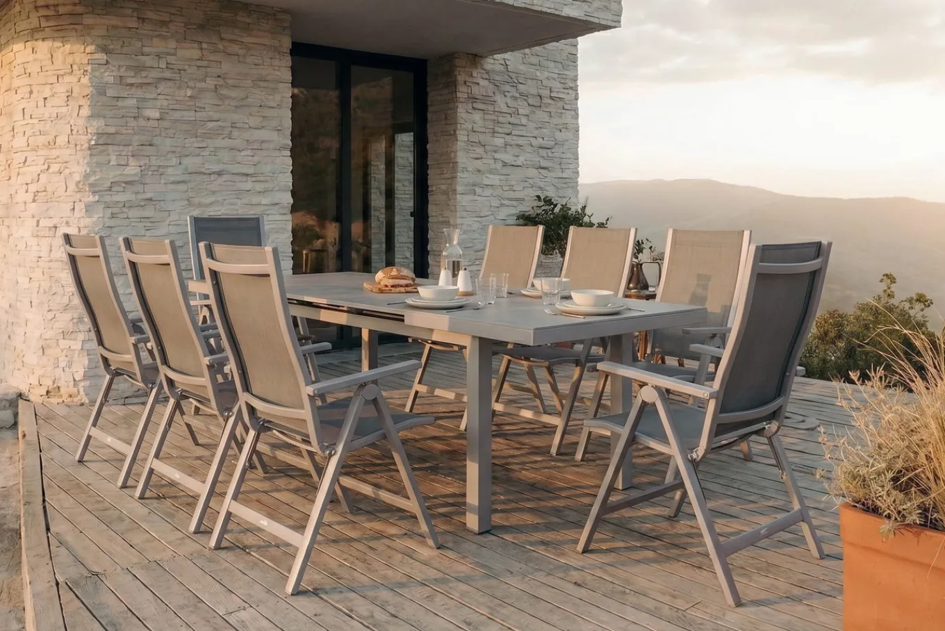 Best Premium Garten-Essgruppe, silber/grau, Alu/Textilene, Ausziehtisch 180/240 x 100 cm, 8 Klappstühle Garten-Essgruppen|Aluminium-Gartenmöbel