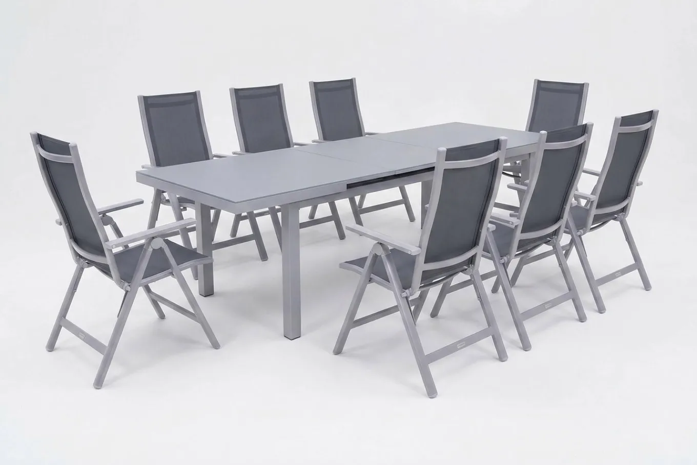 Best Premium Garten-Essgruppe, silber/grau, Alu/Textilene, Ausziehtisch 180/240 x 100 cm, 8 Klappstühle Garten-Essgruppen|Aluminium-Gartenmöbel