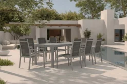 Outlet Premium Garten-Essgruppe, silber/grau, Alu/Textilene, Ausziehtisch 180/240 x 100 cm, 8 Stapelsessel Garten-Essgruppen