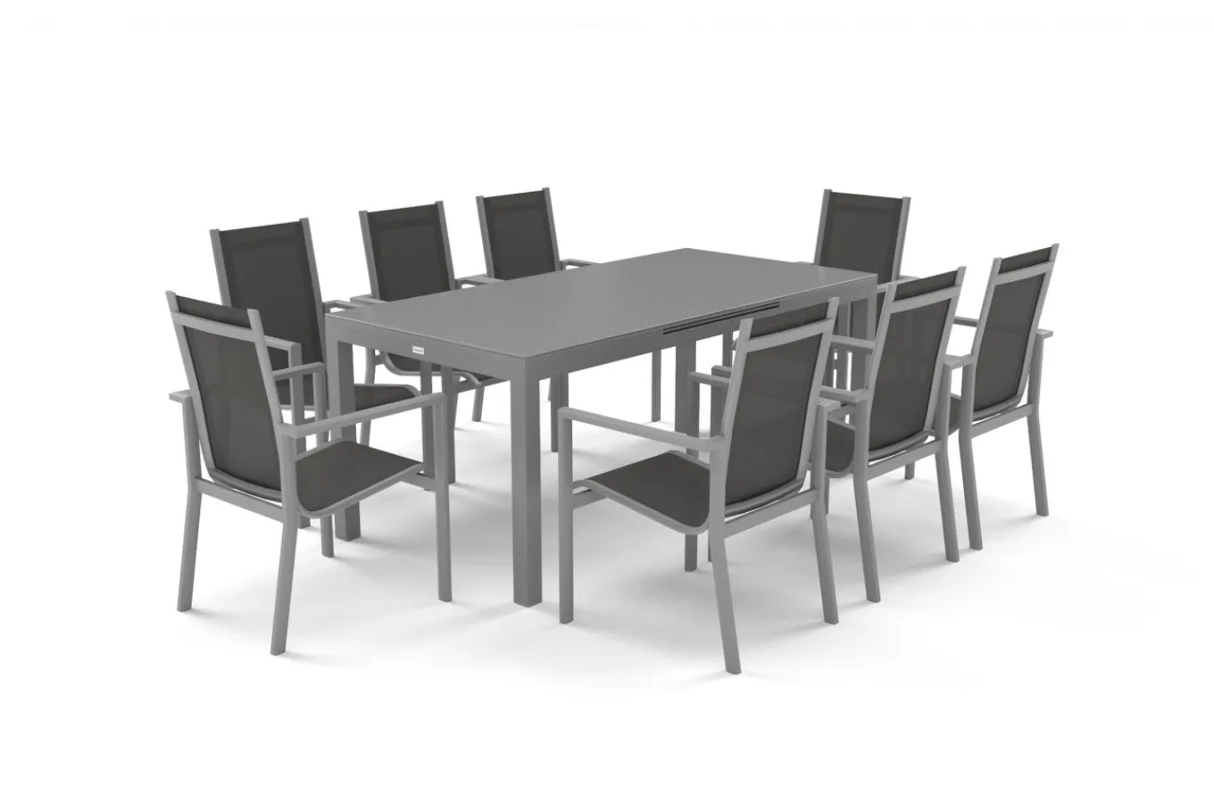 Outlet Premium Garten-Essgruppe, silber/grau, Alu/Textilene, Ausziehtisch 180/240 x 100 cm, 8 Stapelsessel Garten-Essgruppen