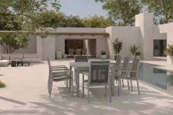 Outlet Premium Garten-Essgruppe, silber/grau, Alu/Textilene, Ausziehtisch 180/240 x 100 cm, 8 Stapelsessel Garten-Essgruppen