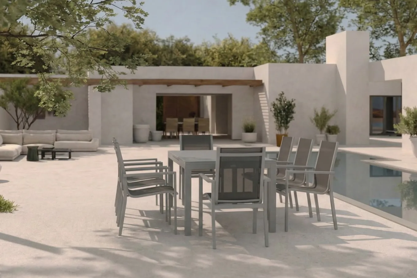 Outlet Premium Garten-Essgruppe, silber/grau, Alu/Textilene, Ausziehtisch 180/240 x 100 cm, 8 Stapelsessel Garten-Essgruppen