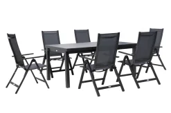 Clearance Premium Garten-Essgruppe, anthrazit/grau, Alu/Textilene, Ausziehtisch 180/240x100cm, 6 Klappstühle Garten-Essgruppen