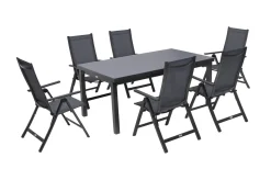 Clearance Premium Garten-Essgruppe, anthrazit/grau, Alu/Textilene, Ausziehtisch 180/240x100cm, 6 Klappstühle Garten-Essgruppen