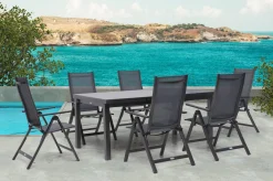 Clearance Premium Garten-Essgruppe, anthrazit/grau, Alu/Textilene, Ausziehtisch 180/240x100cm, 6 Klappstühle Garten-Essgruppen
