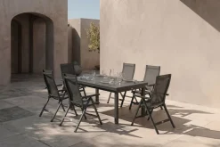 Clearance Premium Garten-Essgruppe, anthrazit/grau, Alu/Textilene, Ausziehtisch 180/240x100cm, 6 Klappstühle Garten-Essgruppen