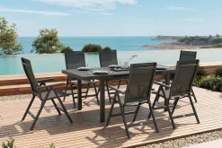Clearance Premium Garten-Essgruppe, anthrazit/grau, Alu/Textilene, Ausziehtisch 180/240x100cm, 6 Klappstühle Garten-Essgruppen