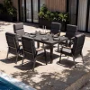 Sale Premium Garten-Essgruppe, anthrazit matt, Aluminium/Polyester/Spraystone/Teak, 160/260 x 100 cm, 6 Stapelsessel Garten-Essgruppen