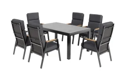 Sale Premium Garten-Essgruppe, anthrazit matt, Aluminium/Polyester/Spraystone/Teak, 160/260 x 100 cm, 6 Stapelsessel Garten-Essgruppen