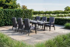 Sale Premium Garten-Essgruppe, anthrazit matt, Aluminium/Polyester/Spraystone/Teak, 160/260 x 100 cm, 6 Stapelsessel Garten-Essgruppen