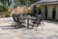 Online Premium Garten-Essgruppe, anthrazit matt/schwarz, Alu/Spraystone/Textilene, 160/260 x 100 cm, 6 Klappstühle inkl. 6 Auflagen Garten-Essgruppen