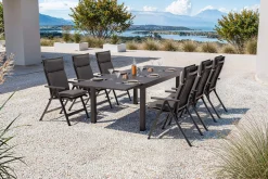 Online Premium Garten-Essgruppe, anthrazit matt/schwarz, Alu/Spraystone/Textilene, 160/260 x 100 cm, 6 Klappstühle inkl. 6 Auflagen Garten-Essgruppen