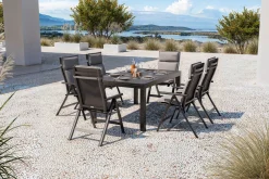 Online Premium Garten-Essgruppe, anthrazit matt/schwarz, Alu/Spraystone/Textilene, 160/260 x 100 cm, 6 Klappstühle inkl. 6 Auflagen Garten-Essgruppen